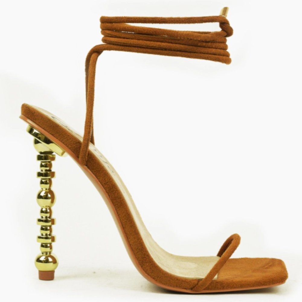 So Me Tan Suede Ankle-Tie Heeled Sandals with Gold Sculptural Heel